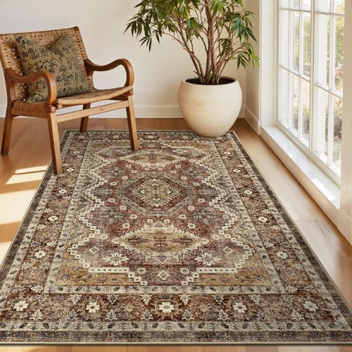 Rugland 3x5 Area Rug Non Slip Rug, Vintage Washable Entryway Rug, Rust | Low Pile & Lighweight, Folable, Stain Resistant Tribal Small Indoor Carpet Rug for Living Room, Kitchen, Entrance, Doormat - color: Tpr07-rust, size: 3' x 5' (Rectangular)