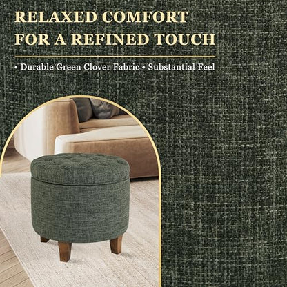 HomePop 19" Button Tufted Round Storage Ottoman - Green Clover Fabric - color: Green Clover Fabric