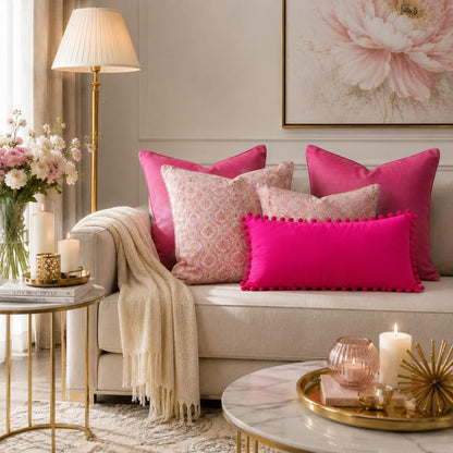 WWW.THROWPILLOW.IN Hot Pink Solid Cotton Cushion Cover with Pom Pom Preppy Decorative Throw Pillow Cover for Dorm Room,Feminine Chic Home Decor Accent Rectangular Cushion 14x20 Inches