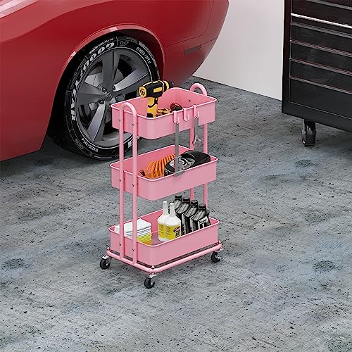 Simple Houseware 3-Tier Heavy Duty Metal Utility Rolling Cart, Pink - color: Pink