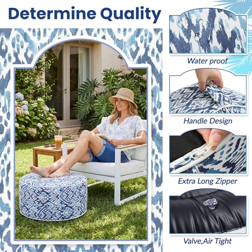 Cinnvoice 2 Pcs Inflatable Outdoor Ottoman Pouf Waterproof Round Footrest with Handle D21 x H9 Inch Indoor Outdoor Portable Footstool for Patio Garden Camping or Home Pool(Diamond Stripes) - style: Diamond Stripes