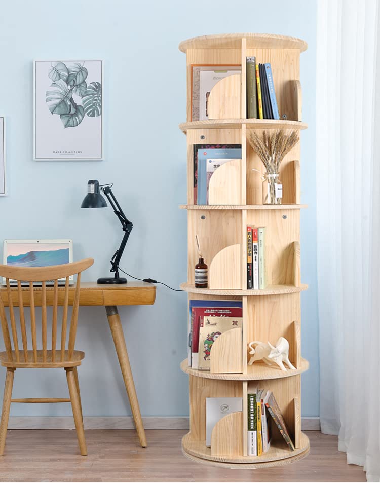 Bear Qiaqia Rotating Bookshelf, 360 Display 5 Tier Floor Standing Bookcase Storage Rack for Kids&Adult, Wood Narrow Book Shelf Organizer for Bedroom, Living Room, Study Room(63 * 17.32 * 17.32inch) | Spinning Bookshelf Tower with Large Capacity for Small