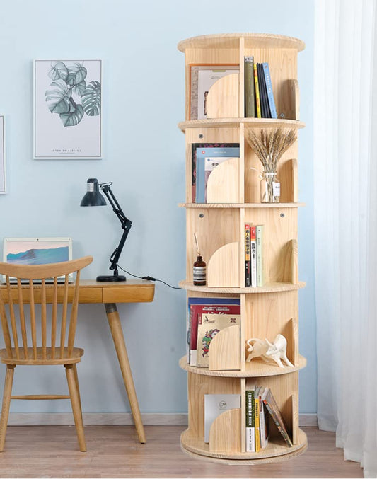 Bear Qiaqia Rotating Bookshelf, 360 Display 5 Tier Floor Standing Bookcase Storage Rack for Kids&Adult, Wood Narrow Book Shelf Organizer for Bedroom, Living Room, Study Room(63 * 17.32 * 17.32inch) | Spinning Bookshelf Tower with Large Capacity for Small