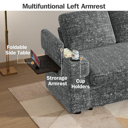 Vipbear 65" Loveseat Sleeper Sofa with Pull Out Bed, Chenille 3-in-1 Convertible Sofa Bed with Reclining Backrest|USB Ports|Cup Holders|Side Table|Storage Armrests, Tool Free Assembly, Grey - color: Grey