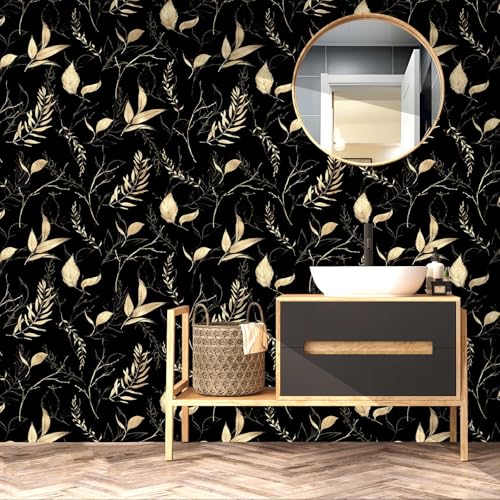 Dark Black and Gold Leaf Peel and Stick Wallpaper 17.7" x 213" | Self-adhesive removable waterproof leaf design for bedroom accent walls and renter friendly spaces - color: Black&Gold, size: 17.7" x 213"