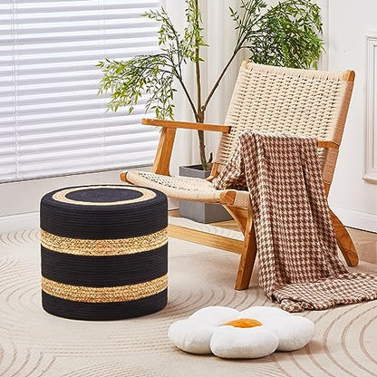 Wimarsbon 18'' Ottoman Pouf, Natural Braided Poof, Rustic Handweave Lounge Pouffe, Boho Footrest Stool for Bedroom, Accent Table or Seat for Living Room (Natural Water Hyacinth + Black Cotton Rope) - color: 18inch Natural Water Hyacinth + Black Cotton Rop