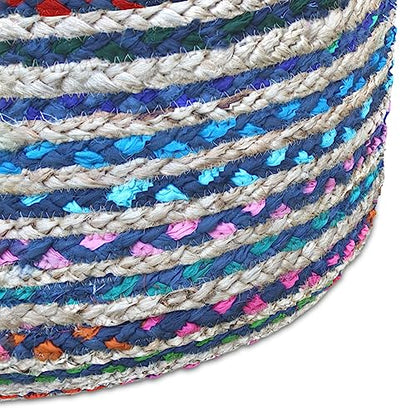 SIMPLIHOME Margo 30" Wide Round Pouf in Natural Jute and Cotton | Boho footstool, braided pouf, extra seating for living room or bedroom with polystyrene bead filling, assembled; accent seat. - color: Multi-blue, style: Pouf