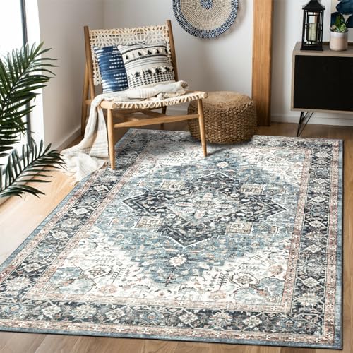 Area Rug 4×6, Vintage Boho Rug,Ultra-Soft Low Pile, Washable, Non Slip,Stain Resistant Printed Carpet for Living Room Bedrooms Playroom Office Kitchen, Blue/Navy - color: Blue/Navy, size: 4' x 6' (Rectangular)
