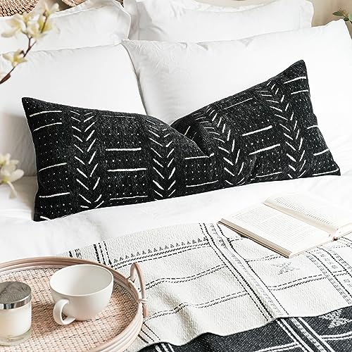 Black Decorative Lumbar Pillow Cover 14X36, Boho Lumbar Throw Pillow For Bed, Long Decorative Pillow Case, Modern Accent Throw Pillow, 14 x 36 Textured Lumbar Pillow Decorative (COVER ONLY) - color: Black, size: 36" x 14" (Pack of 1)