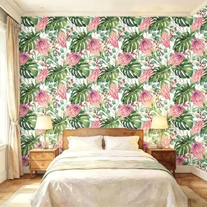 Tropical Floral Monstera Green Leaf Flowers Peel and Stick | self adhesive Wallpaper - 96''x32'' - color: X09, size: 32" x 96"
