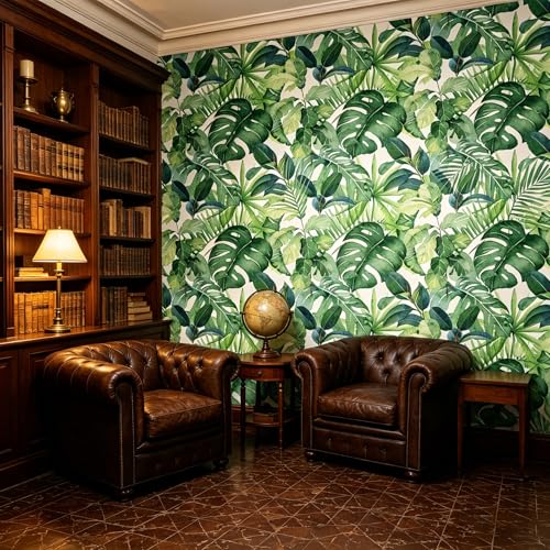 Tropical Green Leaf Watercolor Monstera Plant Peel and Stick | self adhesive Wallpaper - 96''x32'' - color: X11, size: 32" x 96"