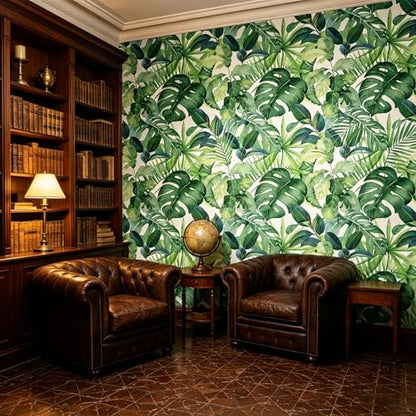 Tropical Green Leaf Watercolor Monstera Plant Peel and Stick | self adhesive Wallpaper - 96''x32'' - color: X11, size: 32" x 96"