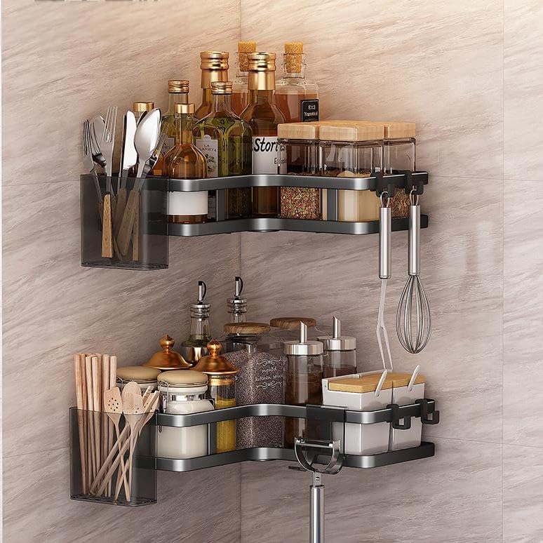 Corner Shower Caddy, Black Stainless Steel, No-Drill Wall Mount Storage Rack, 2 Pack, Wave Design, 9.8 Inch, Rust Resistant, Bathroom Organizer with Hooks