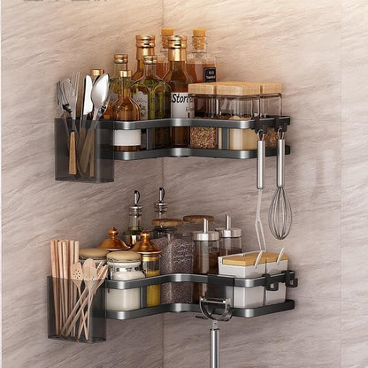 Corner Shower Caddy, Black Stainless Steel, No-Drill Wall Mount Storage Rack, 2 Pack, Wave Design, 9.8 Inch, Rust Resistant, Bathroom Organizer with Hooks