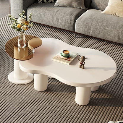 Modern Nesting Coffee Table Set of 2 Irregular Cloud Shape Cream White Center Table Space Saving eAccent Tables for Living Room Apartment Bedroom Office Minimalist Decor