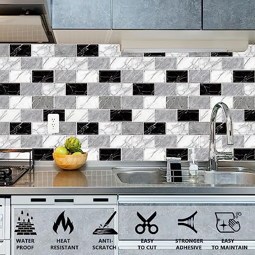 URCOLOR 10-Sheet Back Splashes for Kitchens Peel and Stick,12"x12" Self Adhesive Stick on Backsplash for Bathroom Black White Grey Marble Look - color: Black White Grey