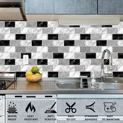 URCOLOR 10-Sheet Back Splashes for Kitchens Peel and Stick,12"x12" Self Adhesive Stick on Backsplash for Bathroom Black White Grey Marble Look - color: Black White Grey