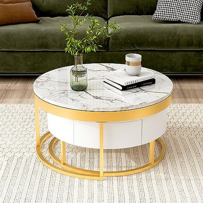Modern Round Nesting Coffee Table with Drawers for Living Room in White - color: Golden+white