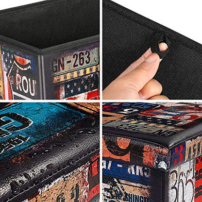 B FSOBEIIALEO Folding Storage Ottoman Cube Bench with Faux Leather Ottomans Footrest Seat, Coffee Table Route 66