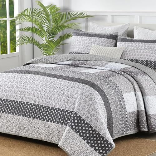 WONGS BEDDING Grey Full Size Quilt Set, Bohemian Striped Bedspreads | Reversible Boho Bedspread with Grey Accents, Lightweight Microfiber Coverlet for All Seasons (78"x90") , OEKO-TEX - color: Grey, size: Full