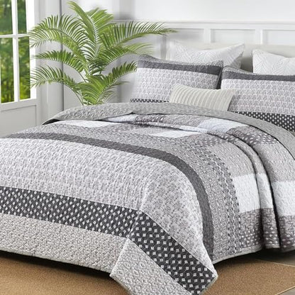 WONGS BEDDING Grey Full Size Quilt Set, Bohemian Striped Bedspreads | Reversible Boho Bedspread with Grey Accents, Lightweight Microfiber Coverlet for All Seasons (78"x90") , OEKO-TEX - color: Grey, size: Full