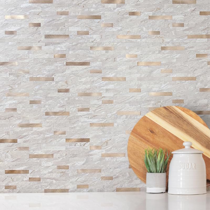 DICOFUN 10 Sheets Marble Look Peel and Stick Backsplash Wall Tile, PVC Kitchen Backsplash Peel and Stick in Light Brown, 9.4 sq.ft - color: Light Brown and Metal Gold, size: 10 Sheets, 12’’x12’’x0.12’’