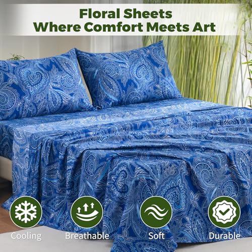 Bedlifes Twin Floral 3-Piece Sheet Set - Cooling Sheets Blend Rayon Derived from Bamboo,Soft & Breathable, Deep Pocket 16", Wrinkle Resistant - Paisley Dark Navy Blue - color: Navy Paisley, size: Twin(Bambo0)