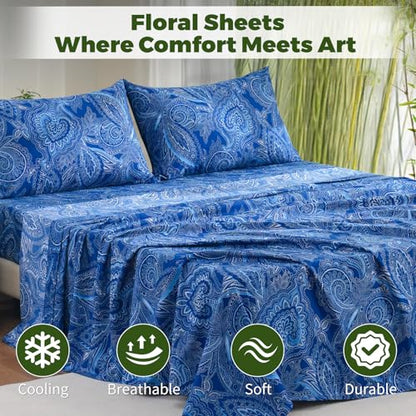 Bedlifes Twin Floral 3-Piece Sheet Set - Cooling Sheets Blend Rayon Derived from Bamboo,Soft & Breathable, Deep Pocket 16", Wrinkle Resistant - Paisley Dark Navy Blue - color: Navy Paisley, size: Twin(Bambo0)