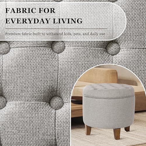 HomePop 19" Button Tufted Round Storage Ottoman - Gray Fabric - color: Gray Fabric