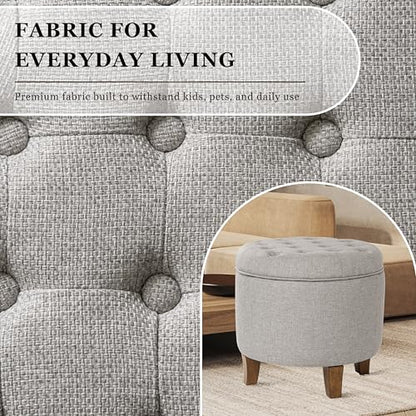 HomePop 19" Button Tufted Round Storage Ottoman - Gray Fabric - color: Gray Fabric