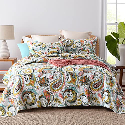 Autumn Dream Cotton Bedspread Quilt Sets, 3 Pieces Reversible Comforter Coverlet Sets,White Floral Paisley,Queen Size - color: White Floral Paisley, size: Queen (90 by98inch)