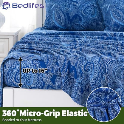 Bedlifes Twin Floral 3-Piece Sheet Set - Cooling Sheets Blend Rayon Derived from Bamboo,Soft & Breathable, Deep Pocket 16", Wrinkle Resistant - Paisley Dark Navy Blue - color: Navy Paisley, size: Twin(Bambo0)