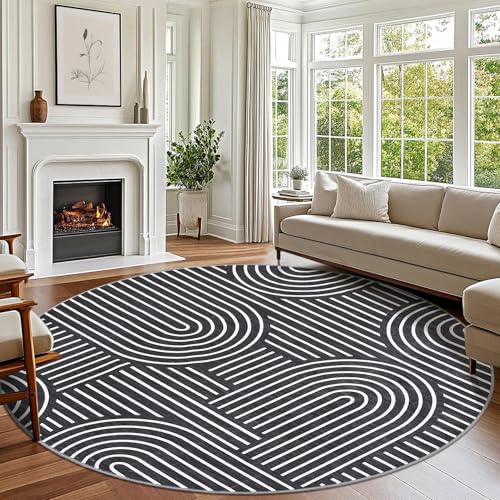 ROYHOME Modern 6ft Round Washable Rug for Living Room Soft Non Slip, Black | Abstract Area Rug for Bedroom, Rainbow Throw Rugs with Rubber Back, Low Pile Stain Resistant Geometric Carpet for Dining Room - color: Black, size: 6' (Round)