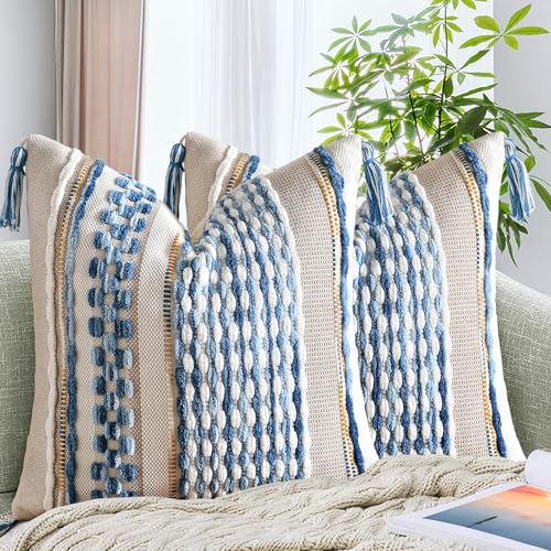 Set of 2 Chenille Striped Textured Boho Throw Pillow Covers Aesthetic with Tassels Woven Decorative Pillow Case for Couch Bed Sofa Bedroom Modern Funky 18 x 18-Inch Sky Blue - color: Sky Blue, size: 18" x 18" (Pack of 2)