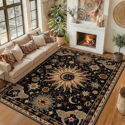 Vacuum-Friendly, 8x10 Washable Area Rug, Black Gold Beige Red | Sun and Moon Boho Gothic Non-Slip Low Pile Living Roon Bedroom Dining Room Kitchen Entry Entryway Entrance Hallway Doormat - color: Black/Gold/Beige/Red, size: 8' x 10' (Rectangular)