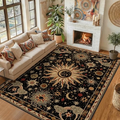 Vacuum-Friendly, 8x10 Washable Area Rug, Black Gold Beige Red | Sun and Moon Boho Gothic Non-Slip Low Pile Living Roon Bedroom Dining Room Kitchen Entry Entryway Entrance Hallway Doormat - color: Black/Gold/Beige/Red, size: 8' x 10' (Rectangular)