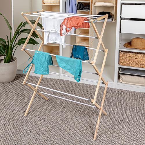 Household Essentials X-Frame Clothes Drying Rack, Stabile Wood Frame with Slanted Feet, Smooth Vinyl Wrapped Rods, 23.8 Feet of Hanging Space, Ready to Assemble, Flat Top, Natural - color: Natural/White Pine