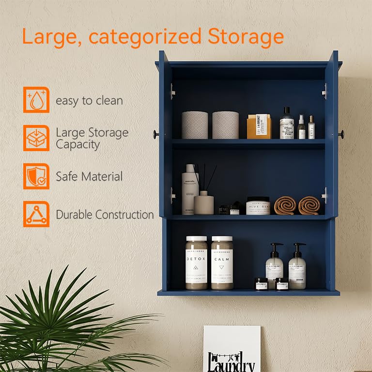 Medicine Cabinet, Over The Toilet Storage Cabinet, 24x30 Inch Wall Mount Bathroom Storage Cabinet with 2 Doors & Adjustable Shelf, Wooden Bathroom Wall Cabinet, Blue - color: Blue