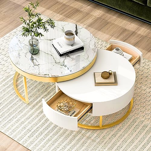 Modern Round Nesting Coffee Table with Drawers for Living Room in White - color: Golden+white