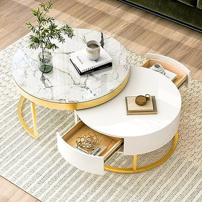 Modern Round Nesting Coffee Table with Drawers for Living Room in White - color: Golden+white