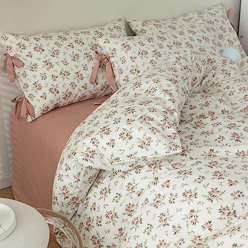mixinni Vintage Style Girls Pale Pink Flower Pattern Duvet Cover Twin Soft Aesthetic Floral Cotton Bedding Set 1 Duvet Cover with 2 Bow Tie Pillowcases for Women-Twin Size - color: A2 # Bowknot - Blush Pink Floral, size: Twin(68" x 86")