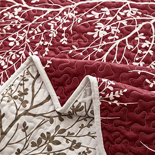 3 Pieces Christmas Quilt Set Burgundy Red Branch Queen Size 88x88 Soft Microfiber Lightweight Coverlet Bedspread New Year Holiday Bedding Set Bed Cover for All Season (1 Quilt+ 2 Shams) - color: Red Branch, size: Queen(88x88)
