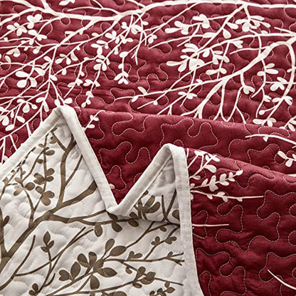 3 Pieces Christmas Quilt Set Burgundy Red Branch Queen Size 88x88 Soft Microfiber Lightweight Coverlet Bedspread New Year Holiday Bedding Set Bed Cover for All Season (1 Quilt+ 2 Shams) - color: Red Branch, size: Queen(88x88)