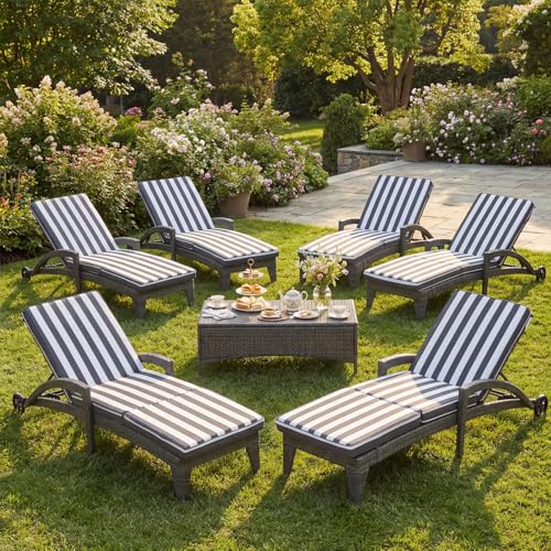 Patio Chaise Lounger Set of 6, Outdoor Lounger Patio Chairs, Heavy Duty Lounge Chairs Outdoor, Chaise Lounges for Resort, Backyard, Deck, Poolside, Garden, Grey Stripe - color: Grey Stripe, size: 6 pack