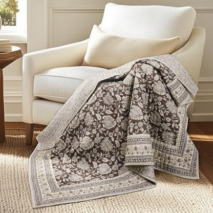 Levtex Home - Adare Cocoa Quilted Throw - (50x60in.) - Floral - Brown Taupe Cream - Reversible - Cotton - color: Cocoa