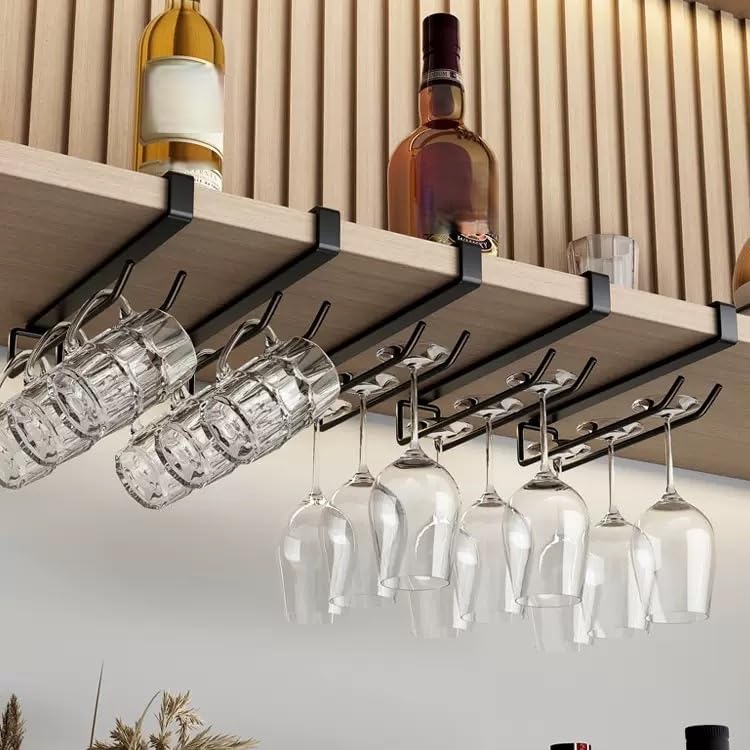 Wine Glass Holder Under Cabinet 2PCS, Stemware Rack Hanger Under Cabinet Wine Glass Rack Kitchen Hanging Storage Rack Organizer, Black
