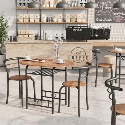 Shahoo 3-Piece Dining Table Set for 2, Kitchen Breakfast Nook Set | 2 Chairs & Round Tabletop, Space Saving Wooden Furniture Metal Frame and Built-in Wine Rack, Rustic Brown - color: Rustic Brown