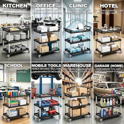 3-Tier Heavy Duty Utility Cart with 4 Silent Lockable Wheels (Large) | Easy Assembly, Lightweight Sturdy Mobility; Cart for Restaurant Salon Warehouse Office Hotel Janitorial Service &Household - size: Large