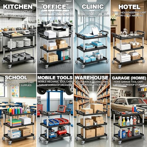 3-Tier Heavy Duty Utility Cart with 4 Silent Lockable Wheels (Small) | Easy Assembly, Lightweight Sturdy Mobility; Cart for Restaurant Salon Warehouse Office Hotel Janitorial Service &Household - size: Small