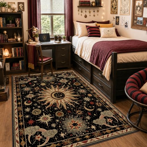 Vacuum-Friendly, 5x7 Washable Area Rug, Black Gold Beige Red | Sun and Moon Boho Gothic Non-Slip Low Pile Living Roon Bedroom Dining Room Kitchen Entry Entryway Entrance Hallway Doormat - color: Black/Gold/Beige/Red, size: 5' x 7' (Rectangular)